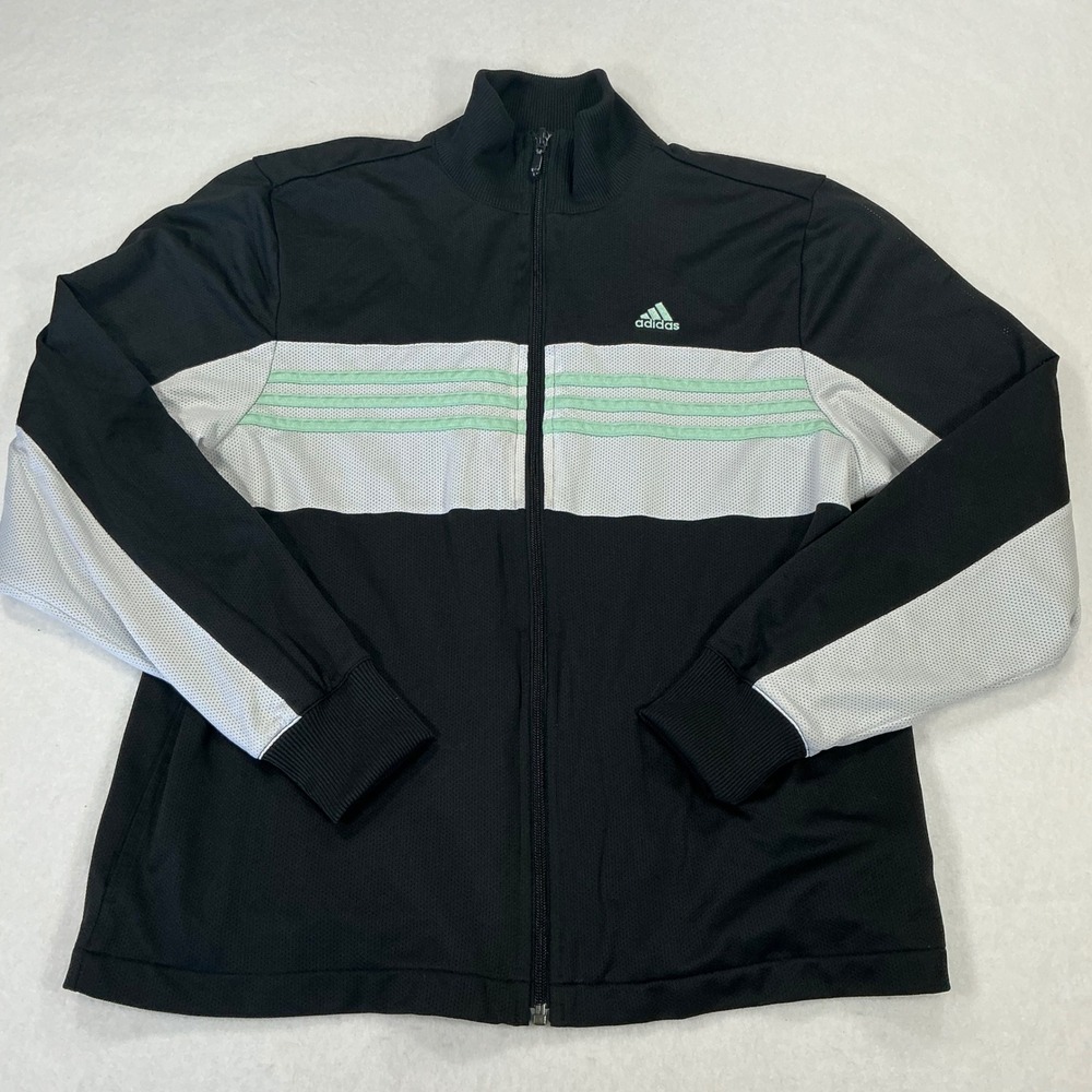 Adidas Womens Track Jacket Black White Mint Green Stripe Full‎ Zip Mesh A02001